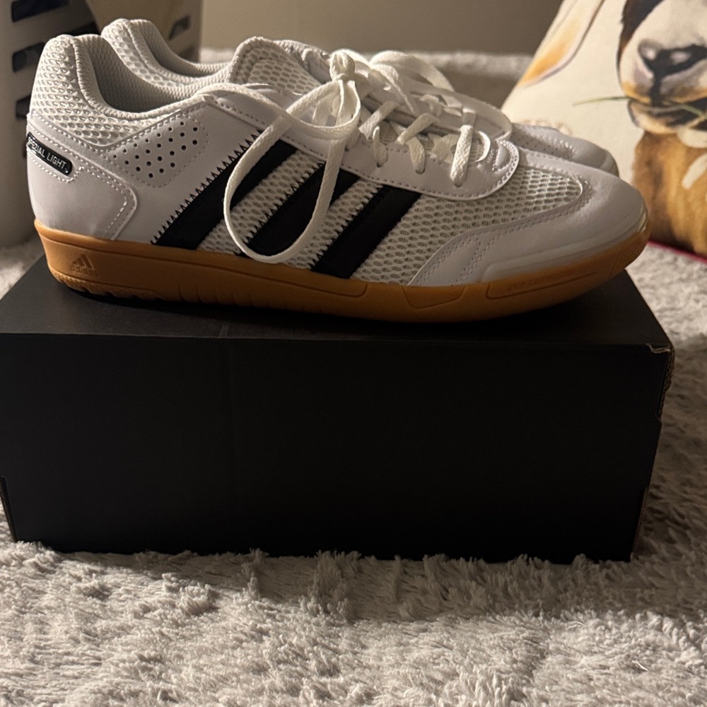 Adidas White and Black Athletic Shoes with Brown Sole